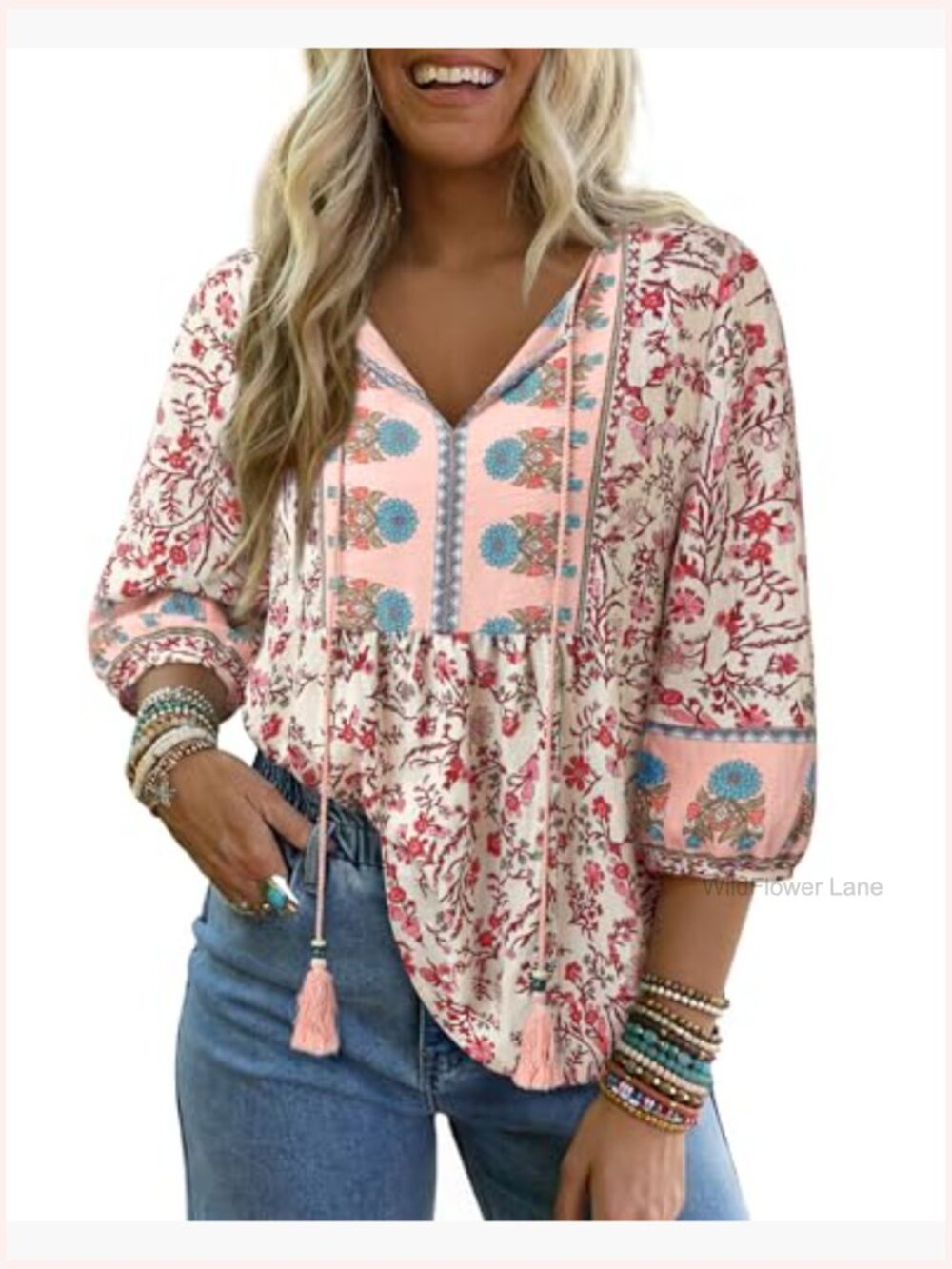 Boho Babydoll Top 3/4 Lantern Sleeve Peplum Blouse V-Neck Tie Front Tunic - Picture 6 of 7